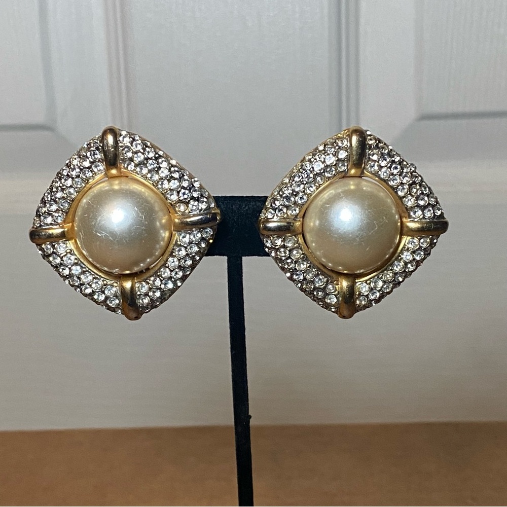 Vintage Gold-Tone Faux Pearl & Rhinestone Clip Earrings | Signed GIO